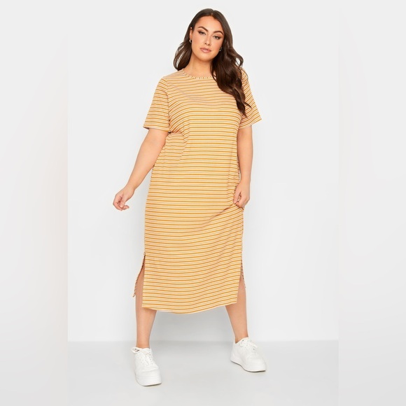 YOURS Curve Orange Stripe Print Maxi T-Shirt Dress - Picture 1 of 5